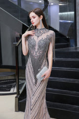 Cap sleeves High neck Sparkle Beads Long Prom Dresses On Sale-Ballbella