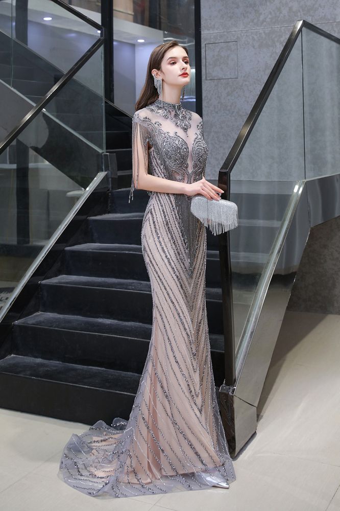 Cap sleeves High neck Sparkle Beads Long Prom Dresses On Sale-Ballbella