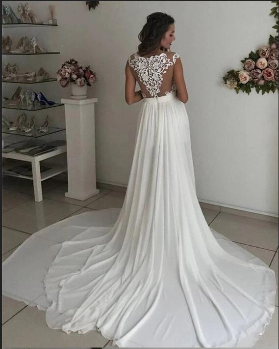 Cap sleeves V neck Chiffon Front split Court Train Wedding Dress-Ballbella