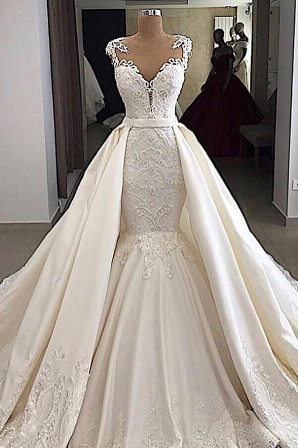 Any idea of dress for your big day? Ballbella custom made you this Cap sleeves Mermaid 2 in 1 Wedding Dresses with Overskirt.Fast delivery worldwide.