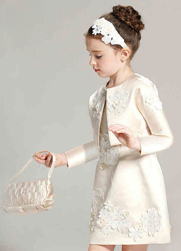 Champagne A-line Flower Applique Beaded Short flower girl dress With Jacket-Ballbella