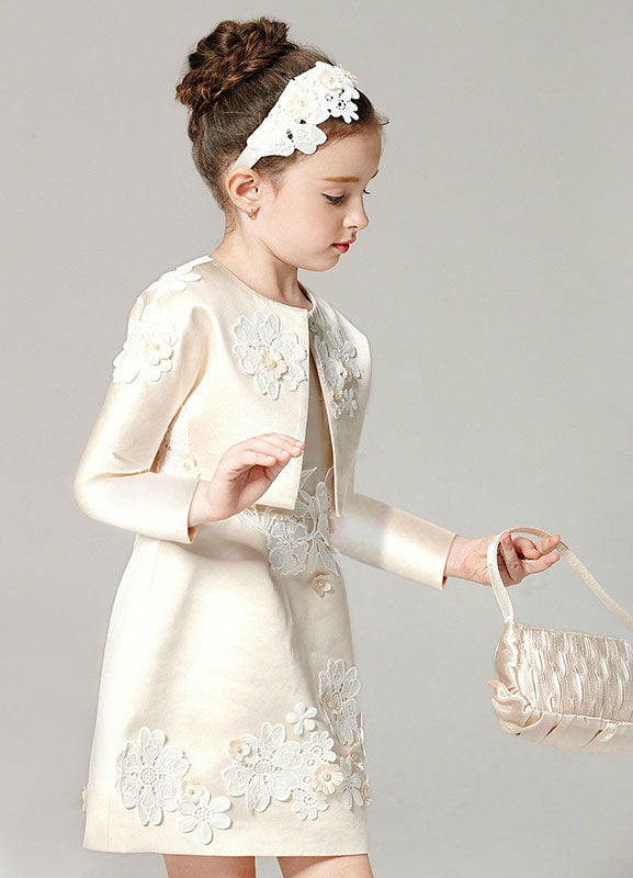 Champagne A-line Flower Applique Beaded Short flower girl dress With Jacket-Ballbella