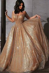 Champagne Elgant A-line Spaghetti Straps Backless Sequins Prom Dresses-Ballbella