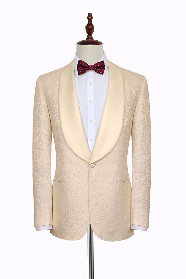 Champagne Jacquard Wedding Tuxedos for Groom Silk Shawl Lapel Marriage Suits-Ballbella