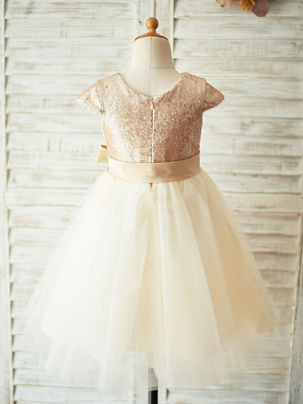 Champagne Jewel Neck Short Sleeves Sash Kids Party Dresses-Ballbella