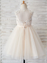 flower girl dresses Champagne Jewel Neck Sleeveless Pearls Kids Party Dresses