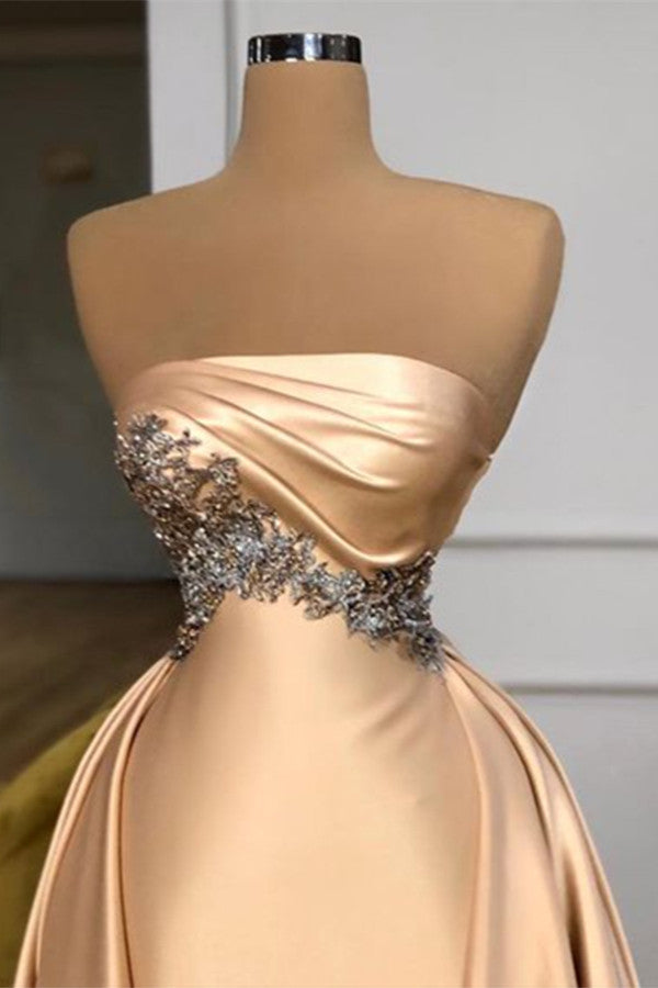 Champagne Strapless Overskirt Prom Dress Long With Crystals-Ballbella