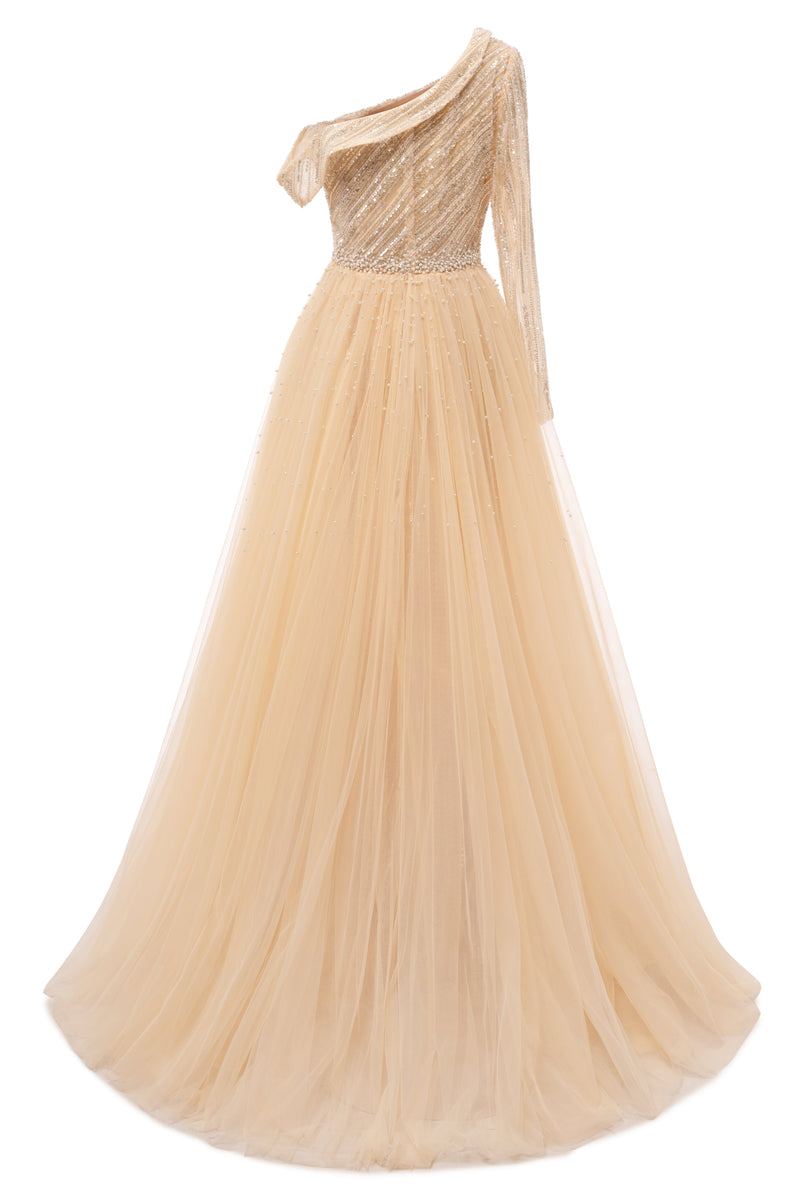 Champange One shoulder Overskirt Beaded Evening Dresses-Ballbella