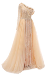 Champange One shoulder Overskirt Beaded Evening Dresses-Ballbella