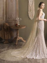 Champange Wedding Veil One-Tier Sequins Stars Tulle Finished Edge Waterfall Bridal Veils-Ballbella