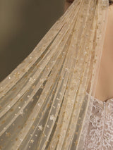 Champange Wedding Veil One-Tier Sequins Stars Tulle Finished Edge Waterfall Bridal Veils-Ballbella