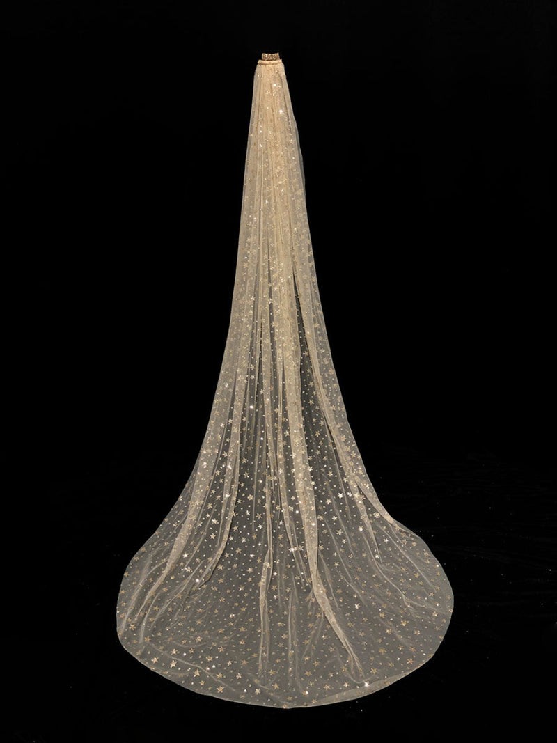 Champange Wedding Veil One-Tier Sequins Stars Tulle Finished Edge Waterfall Bridal Veils-Ballbella