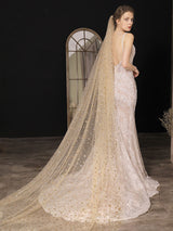 Champange Wedding Veil One-Tier Sequins Stars Tulle Finished Edge Waterfall Bridal Veils-Ballbella