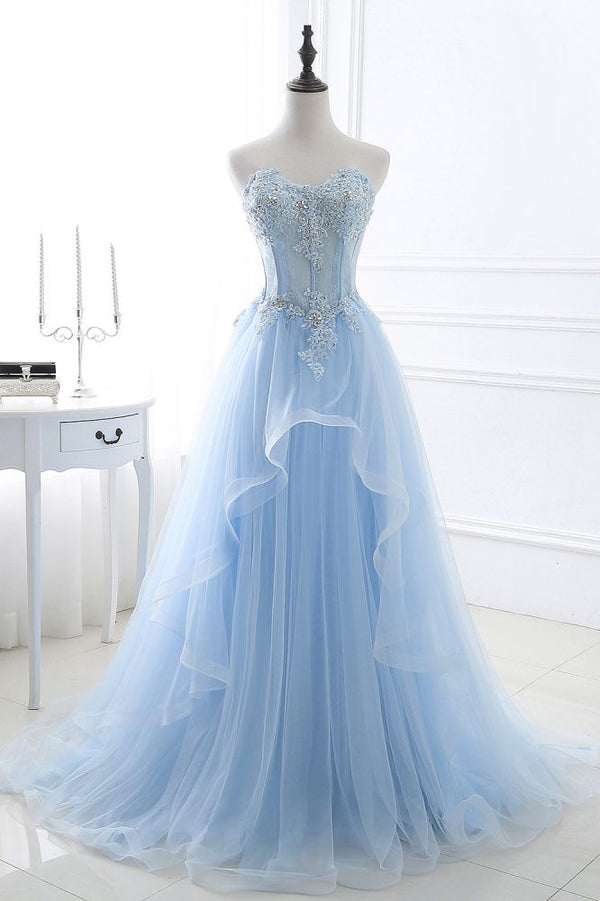 CHARLIZE |Ball Gown Sweetheart Tulle Sky Blue Prom Party Gowns with Sequins-Ballbella