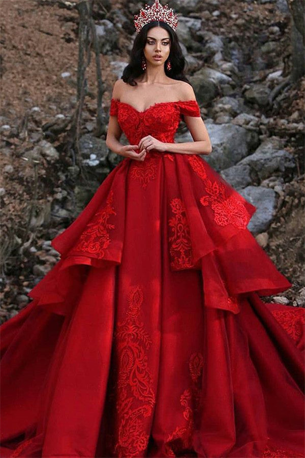 Charming Ball Gown Appliques Off-the-Shoulder Sleeveless Prom Party Gowns-Ballbella