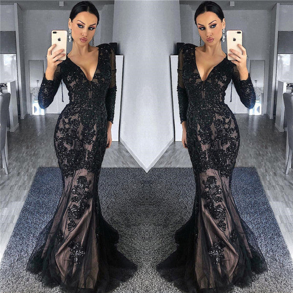 Charming Black Tulle Nude Lining Evening Dresses with Sleeves Elegant Long Sleeves Beads Appliques Prom Dresses-Ballbella