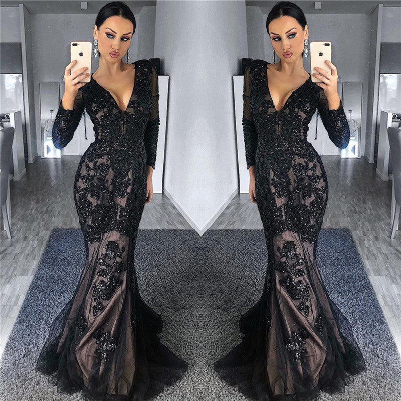 Charming Black Tulle Nude Lining Evening Dresses with Sleeves Elegant Long Sleeves Beads Appliques Prom Dresses-Ballbella