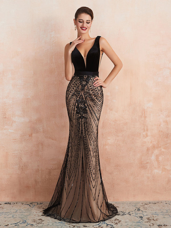 Charming Evening Dress Mermaid Black Beaded Sleeveless V Neck Formal Party Dresses With Train-Ballbella