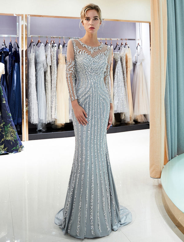 Charming Evening Dresses Long Sleeve Light Grey Mermaid Beading Illusion Luxury Formal Gowns-Ballbella