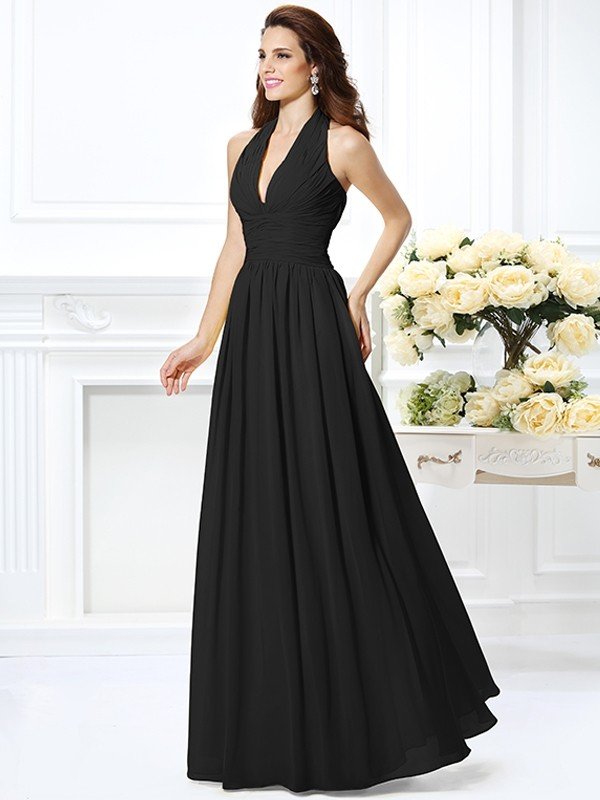 Charming Halter Pleats Sleeveless Long Chiffon Bridesmaid Dresses-Ballbella