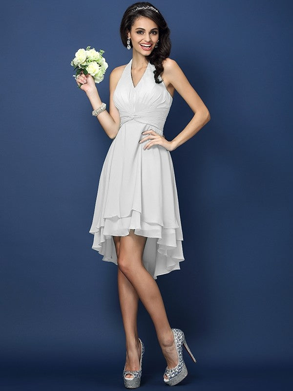 Charming Halter Pleats Sleeveless Short Chiffon Bridesmaid Dresses-Ballbella