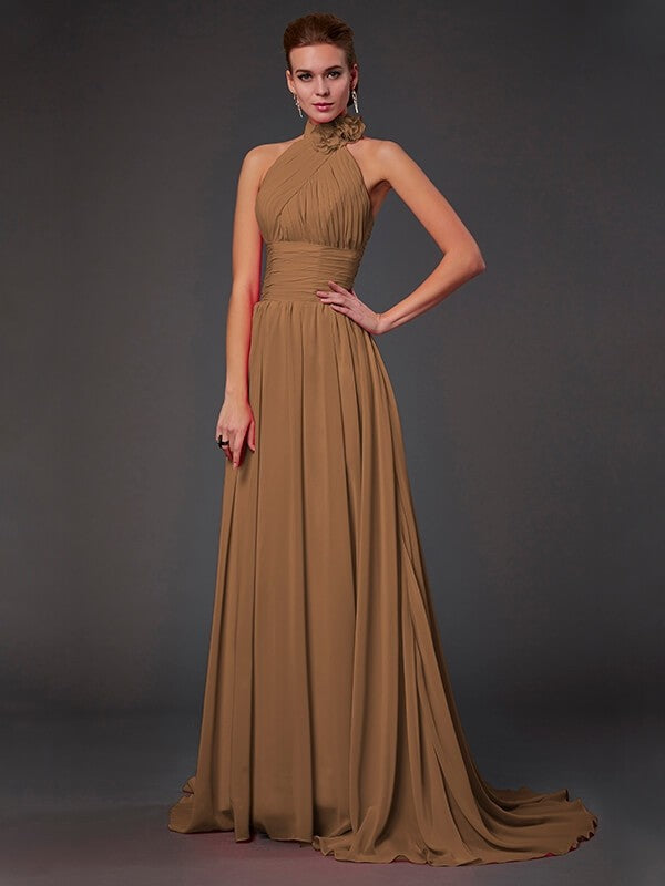 Charming Halter Sleeveless Hand-Made Flower Long Chiffon Bridesmaid Dresses-Ballbella