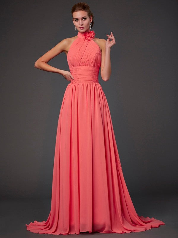 Charming Halter Sleeveless Hand-Made Flower Long Chiffon Bridesmaid Dresses-Ballbella