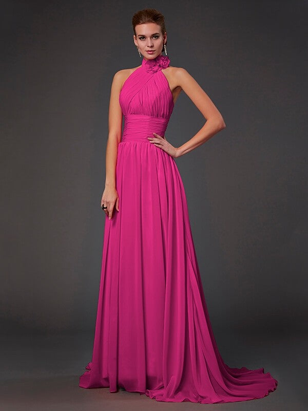 A-Line Charming Halter Sleeveless Hand-Made Flower Long Chiffon Bridesmaid Dresses