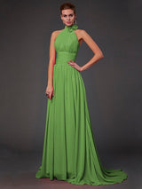 A-Line Charming Halter Sleeveless Hand-Made Flower Long Chiffon Bridesmaid Dresses