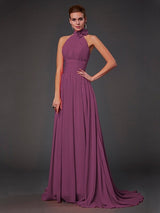 A-Line Charming Halter Sleeveless Hand-Made Flower Long Chiffon Bridesmaid Dresses