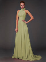 A-Line Charming Halter Sleeveless Hand-Made Flower Long Chiffon Bridesmaid Dresses