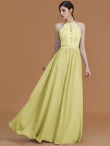 Charming Halter Sleeveless Lace Chiffon Bridesmaid Dresses-Ballbella