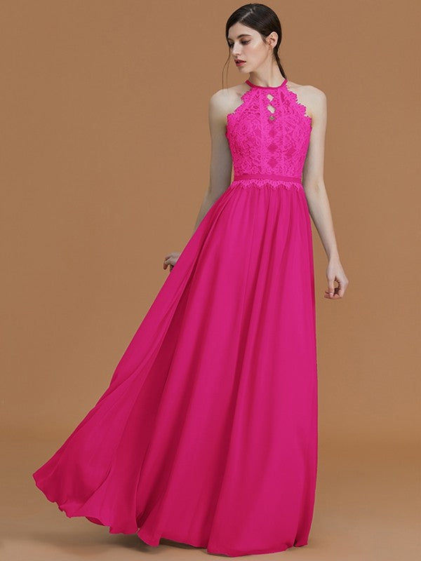 Charming Halter Sleeveless Lace Chiffon Bridesmaid Dresses-Ballbella