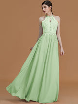 Charming Halter Sleeveless Lace Chiffon Bridesmaid Dresses-Ballbella