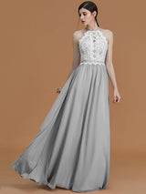 Charming Halter Sleeveless Lace Chiffon Bridesmaid Dresses-Ballbella