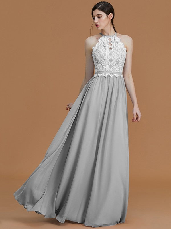 Charming Halter Sleeveless Lace Chiffon Bridesmaid Dresses-Ballbella