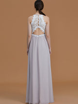 Charming Halter Sleeveless Lace Chiffon Bridesmaid Dresses-Ballbella