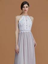 Charming Halter Sleeveless Lace Chiffon Bridesmaid Dresses-Ballbella