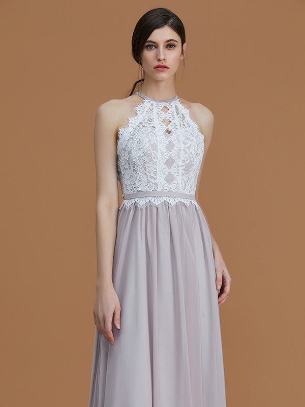 Charming Halter Sleeveless Lace Chiffon Bridesmaid Dresses-Ballbella