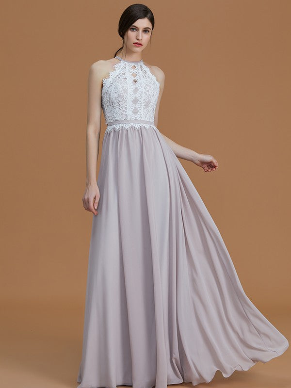 Charming Halter Sleeveless Lace Chiffon Bridesmaid Dresses-Ballbella