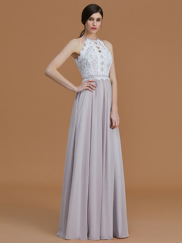 Charming Halter Sleeveless Lace Chiffon Bridesmaid Dresses-Ballbella