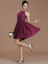 A-Line Charming Halter Sleeveless Lace Short/Mini Chiffon Bridesmaid Dresses