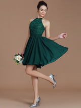 A-Line Charming Halter Sleeveless Lace Short/Mini Chiffon Bridesmaid Dresses