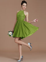 A-Line Charming Halter Sleeveless Lace Short/Mini Chiffon Bridesmaid Dresses