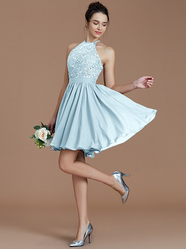 A-Line Charming Halter Sleeveless Lace Short/Mini Chiffon Bridesmaid Dresses