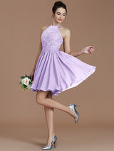 A-Line Charming Halter Sleeveless Lace Short/Mini Chiffon Bridesmaid Dresses