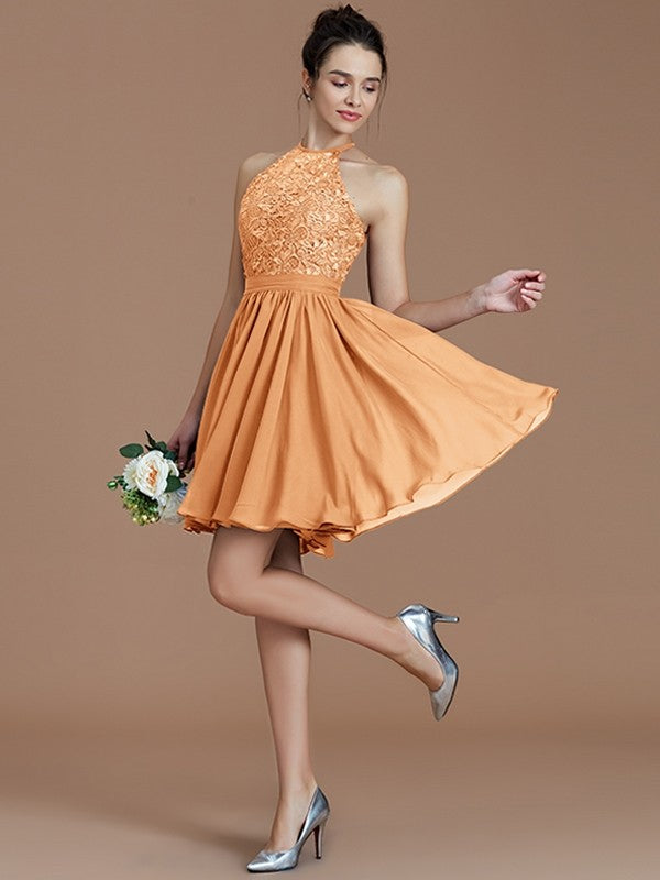 A-Line Charming Halter Sleeveless Lace Short/Mini Chiffon Bridesmaid Dresses