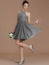 A-Line Charming Halter Sleeveless Lace Short/Mini Chiffon Bridesmaid Dresses