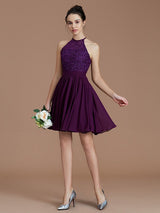 A-Line Charming Halter Sleeveless Lace Short/Mini Chiffon Bridesmaid Dresses