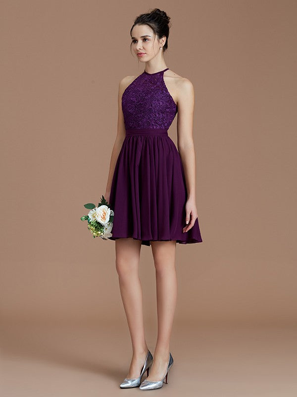 A-Line Charming Halter Sleeveless Lace Short/Mini Chiffon Bridesmaid Dresses